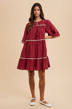 将图片加载到图库查看器,Tassel Contrast Trim Tie Neck Half Sleeve Tiered Dress – Bohemian-Inspired Dress with Tassel Details, Adjustable Tie Neck, and Tiered Design for a Flowing, Feminine Silhouette