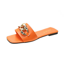 将图片加载到图库查看器,Women Sandals Design Gold Chain Closed Toe Slip On Mules Shoes Flat Heels Square Head Casual Slides Summer Slippers Open Toe Flat Sandals Metal Chain PU Leather Slides Shoes