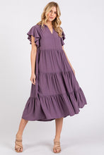 Load image into Gallery viewer, Ruffle Sleeve Collared V Neck Tiered Midi Dress For Women β Elegant and Feminine Dress with Ruffled Sleeves and Tiered Design
