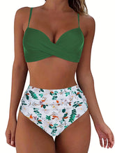 Load image into Gallery viewer, Tropical Vibe High Waist Bikini Set – Flirty V-Neck Swimsuit with Layered Colorblock High Cut Bottom Crisscross Strap Detail & Ultra-Stretch Comfort – Women's Two Piece Swimwear for Summer Beach Pool & Vacation Fun