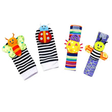将图片加载到图库查看器,4 PCS Baby Rattle Toy Set Soft Animal Socks & Wrist Straps for Newborns 0–12 Months Educational Plush Toys