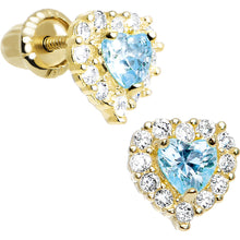 Load image into Gallery viewer, 14k Yellow Gold Heart CZ March Birthstone Youth Screwback Earrings