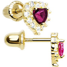 Load image into Gallery viewer, 14k Yellow Gold Heart CZ July Birthstone Youth Screwback Earrings