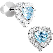 Load image into Gallery viewer, Sterling Silver Heart CZ March Birthstone Youth Screwback Earrings