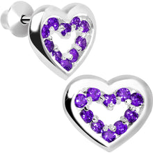 Load image into Gallery viewer, .925 Sterling Silver February CZ Open Heart Youth Screwback Earrings