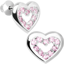 Load image into Gallery viewer, .925 Sterling Silver October CZ Open Heart Youth Screwback Earrings