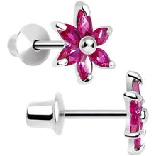 Load image into Gallery viewer, .925 Sterling Silver Pink CZ Dainty Flower Youth Screwback Earrings