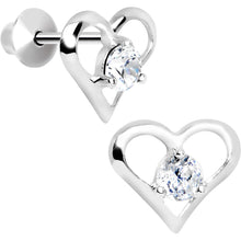 Load image into Gallery viewer, .925 Sterling Silver Clear CZ Hollow Heart Youth Screwback Earrings