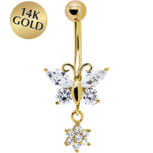 Load image into Gallery viewer, 16G Solid 14k Yellow Gold CZ Flower Butterfly Belly Ring