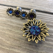 Load image into Gallery viewer, Blue Faux Druzy Sunburst Flower Double Flare Plug Set 2G to 1"