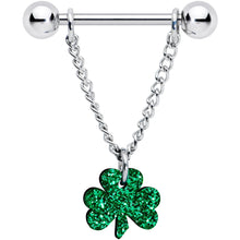 Load image into Gallery viewer, 14G 5/8 Green Glitter Shamrock Chain Dangle Nipple Ring Set