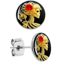 Load image into Gallery viewer, Red Rose Flower Skeleton Cameo Stud Earrings
