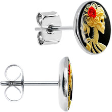 Load image into Gallery viewer, Red Rose Flower Skeleton Cameo Stud Earrings