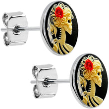 Load image into Gallery viewer, Red Rose Flower Skeleton Cameo Stud Earrings