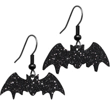 Load image into Gallery viewer, Glittery Black Bat Dangle Earrings