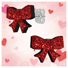 Load image into Gallery viewer, Ruby Red Glitter Ribbon Bow Stud Earrings