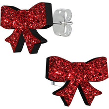 Load image into Gallery viewer, Ruby Red Glitter Ribbon Bow Stud Earrings