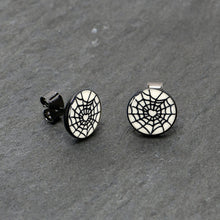 Load image into Gallery viewer, Black Anodized Steel Heart Spider Web Glow in the Dark Stud Earrings by Onyx O