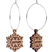 Load image into Gallery viewer, Custom Natural Wood Snowflake Personalized Hoop Earrings