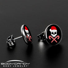 Load image into Gallery viewer, Santa Pirate Candy Cane Skull Stud Earrings by Onyx O