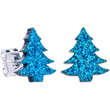 Load image into Gallery viewer, Aqua Blue Glitter Christmas Tree Stud Earrings by Onyx O