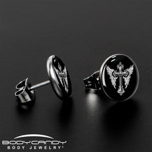 Load image into Gallery viewer, Black White Winged Cross Stud Earrings by Onyx O