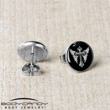 Load image into Gallery viewer, Black White Winged Cross Stud Earrings by Onyx O