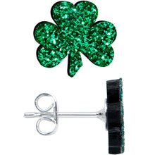 Load image into Gallery viewer, Stainless Steel Green Glitter Shamrock St Patricks Stud Earrings
