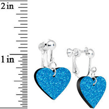 Load image into Gallery viewer, Island Blue Glitter Heart Dangle Clip Earrings