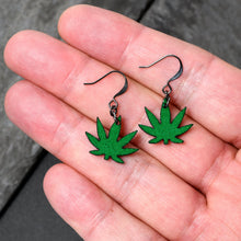 Load image into Gallery viewer, Green Marijuana Pot Leaf Dangle Earrings