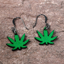 Load image into Gallery viewer, Green Marijuana Pot Leaf Dangle Earrings
