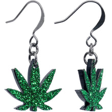 Load image into Gallery viewer, Green Glitter Marijuana Pot Leaf Dangle Earrings