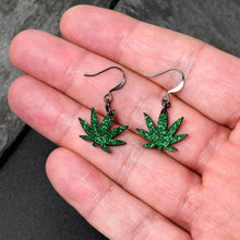 Load image into Gallery viewer, Green Glitter Marijuana Pot Leaf Dangle Earrings