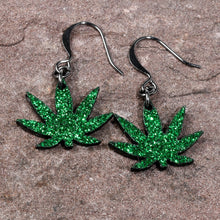 Load image into Gallery viewer, Green Glitter Marijuana Pot Leaf Dangle Earrings