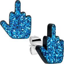 Load image into Gallery viewer, Blue Glitter Middle Finger Stud Earrings Set