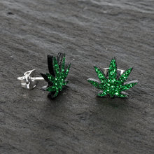 将图片加载到图库查看器,Green Glitter Marijuana Pot Leaf Stud Earrings