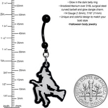 Load image into Gallery viewer, Glow in the Dark Halloween Flying Witch on Broom Dangle Belly Ring