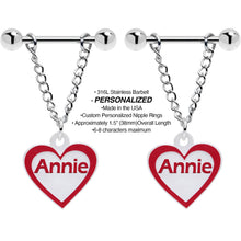 Load image into Gallery viewer, Custom Red White Heart Chain Personalized Name Dangle Nipple Ring Set