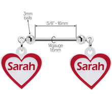 Load image into Gallery viewer, Custom Red White Heart Double Personalized Name Dangle Nipple Ring Set