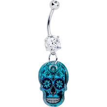 Load image into Gallery viewer, Acrylicious Shades of Aqua Sugar Skull Dangle Belly Ring