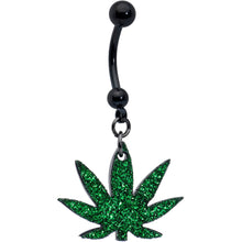 将图片加载到图库查看器,Green Glitter Marijuana Pot Leaf Black Dangle Belly Ring
