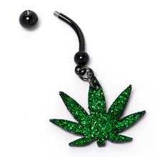 将图片加载到图库查看器,Green Glitter Marijuana Pot Leaf Black Dangle Belly Ring