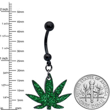 将图片加载到图库查看器,Green Glitter Marijuana Pot Leaf Black Dangle Belly Ring