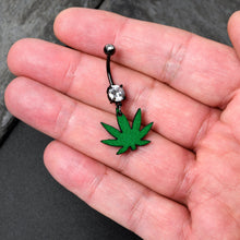 将图片加载到图库查看器,Double Gem Green Marijuana Pot Leaf Black Dangle Belly Ring
