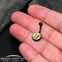Load image into Gallery viewer, Black Titanium Coffin and Flower Glow in the Dark Belly Ring