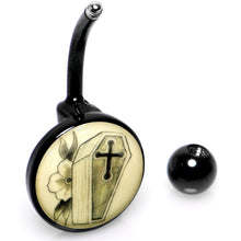 Load image into Gallery viewer, Black Titanium Coffin and Flower Glow in the Dark Belly Ring