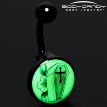 Load image into Gallery viewer, Black Titanium Coffin and Flower Glow in the Dark Belly Ring