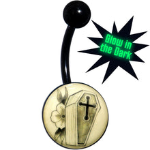 Load image into Gallery viewer, Black Titanium Coffin and Flower Glow in the Dark Belly Ring