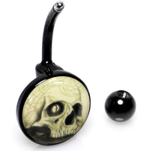 将图片加载到图库查看器,Black Titanium Webbed Skull Glow in the Dark Belly Ring