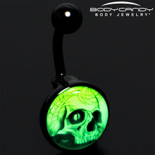 将图片加载到图库查看器,Black Titanium Webbed Skull Glow in the Dark Belly Ring